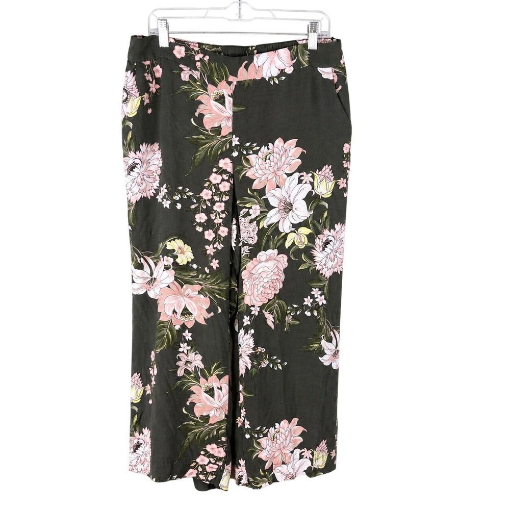 LOFT Floral Wide Leg Crop Pants Large Olive Green Pink Viscose Pull On